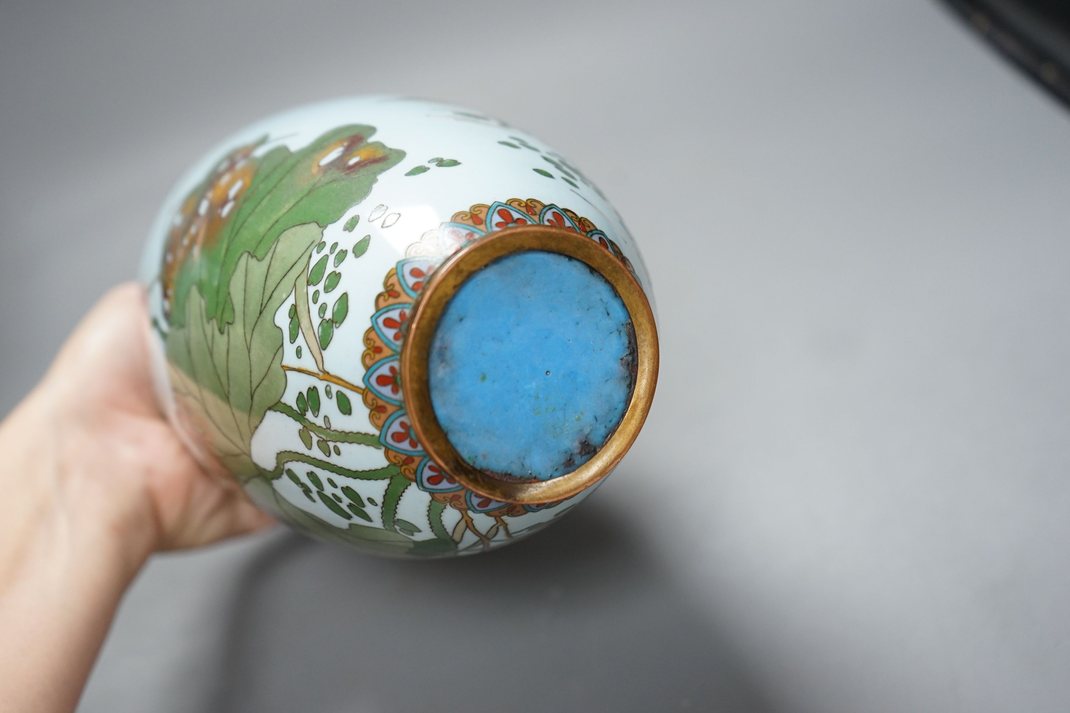 A pair of Japanese cloisonné enamel vases and a Satsuma vase (3), cloisonné vases 24cms high